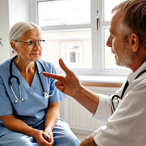 **Prompt:** A kind doctor actively listening to an elderly patient during a consultation in a brightly lit, modern clinic in Stockholm. The doctor makes eye contact and is gesturing empathetically. The clinic's interior features minimalist Scandinavian design with potted plants and comfortable seating. Focus on the warm and supportive atmosphere.