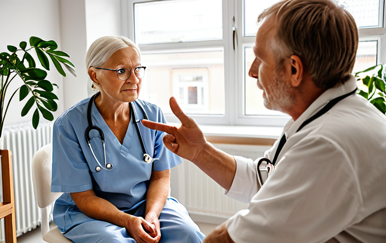 **Prompt:** A kind doctor actively listening to an elderly patient during a consultation in a brightly lit, modern clinic in Stockholm. The doctor makes eye contact and is gesturing empathetically. The clinic's interior features minimalist Scandinavian design with potted plants and comfortable seating. Focus on the warm and supportive atmosphere.