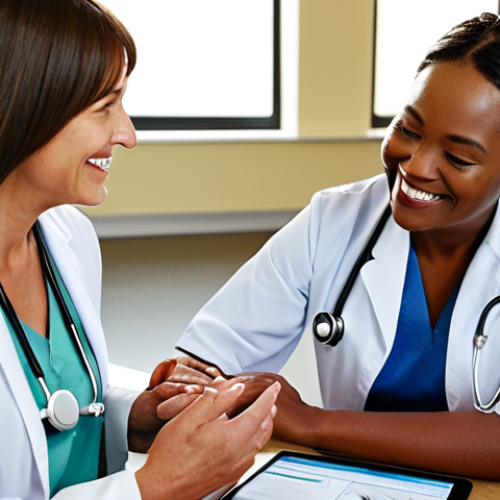**

A diverse team of healthcare professionals (doctor, nurse, social worker) collaborating around a table, reviewing a patient's digital health record. The patient (elderly woman) is present, smiling and engaged in the discussion. The scene evokes a sense of coordinated care, integration, and patient empowerment in a modern healthcare setting. Soft, warm lighting.

**