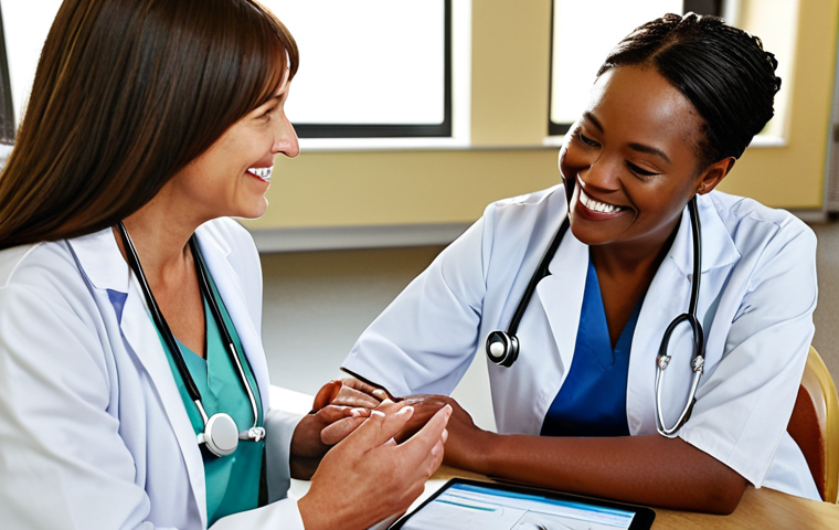 **
A diverse team of healthcare professionals (doctor, nurse, social worker) collaborating around a table, reviewing a patient's digital health record. The patient (elderly woman) is present, smiling and engaged in the discussion. The scene evokes a sense of coordinated care, integration, and patient empowerment in a modern healthcare setting. Soft, warm lighting.
**
